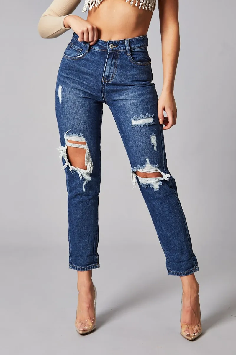 Dark Blue Distressed Straight Leg Jeans - Nikia