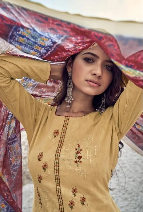 Designer Women Beige Cotton Suits Set with Embroidery