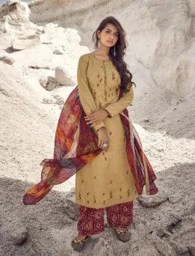 Designer Women Beige Cotton Suits Set with Embroidery