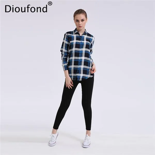 Dioufond Casual Plaid Women Blouses Red Black Check Boyfriend Style Long Sleeve Shirts Loose Camisa Tops Autumn  Plus Size 2017