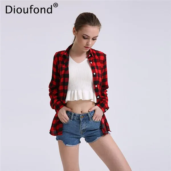 Dioufond Casual Plaid Women Blouses Red Black Check Boyfriend Style Long Sleeve Shirts Loose Camisa Tops Autumn  Plus Size 2017