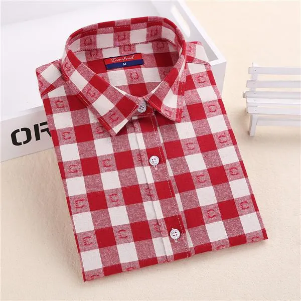 Dioufond Flannel Plaid Shirt Women Shirts Blouses Long Sleeve Plaid Blouse Causal Turn-down Collar Clothes Women Tops Fashion