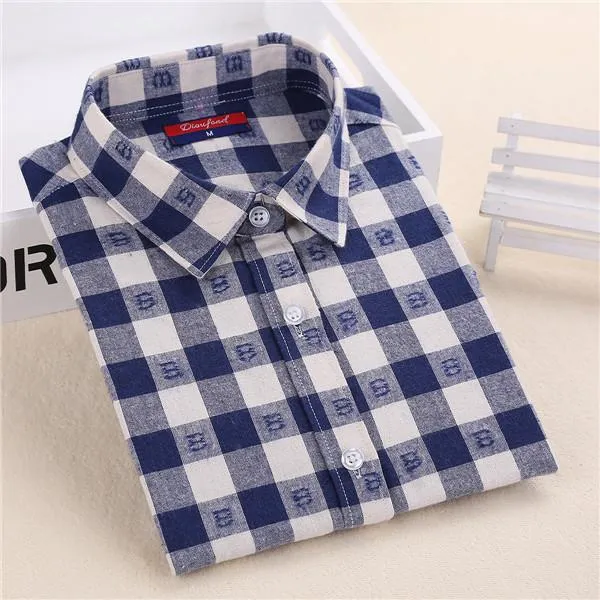 Dioufond Flannel Plaid Shirt Women Shirts Blouses Long Sleeve Plaid Blouse Causal Turn-down Collar Clothes Women Tops Fashion