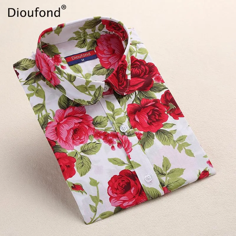 Dioufond New Women's Floral Print Blouses Cotton Shirts Women Vintage Turn-Down Collar Tops Ladies Work Long Sleeve Blouse 2017