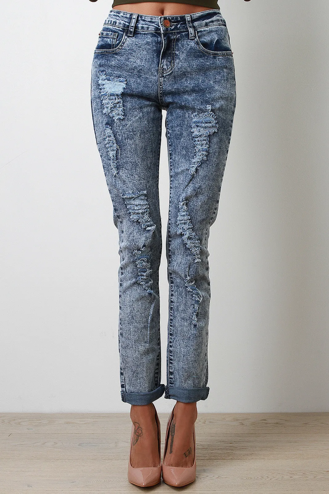 Distressed Acid Wash Denim Jeans