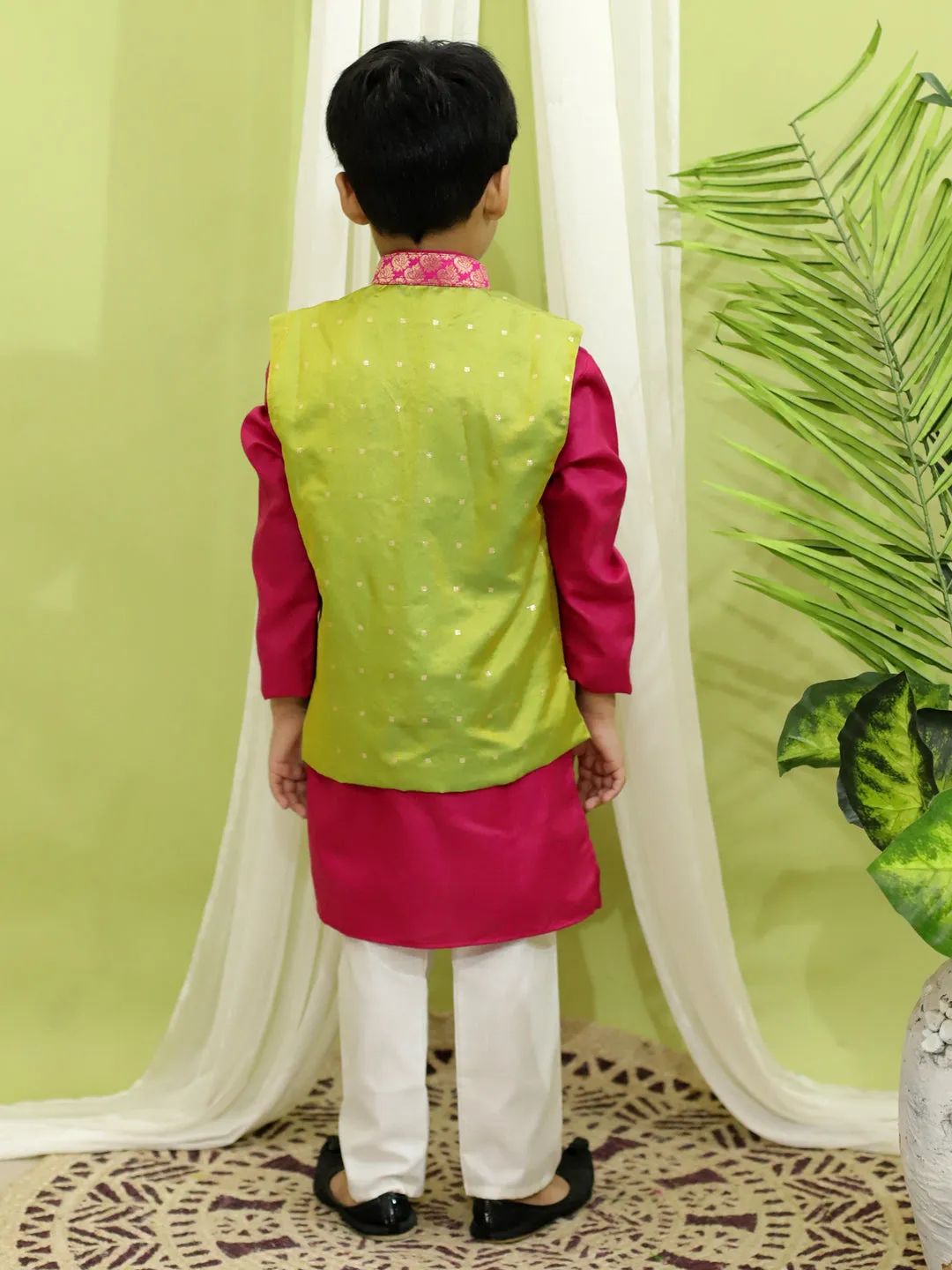 Ethnic Festive Wear Silk Jacket with Cotton Kurta Pajama for Boys- Green