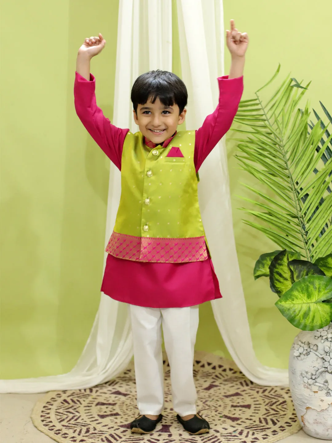 Ethnic Festive Wear Silk Jacket with Cotton Kurta Pajama for Boys- Green