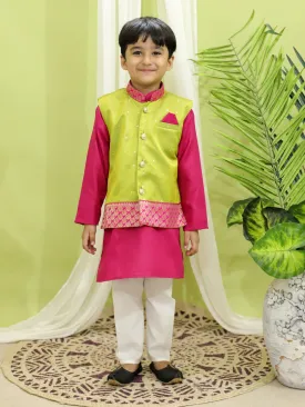 Ethnic Festive Wear Silk Jacket with Cotton Kurta Pajama for Boys- Green