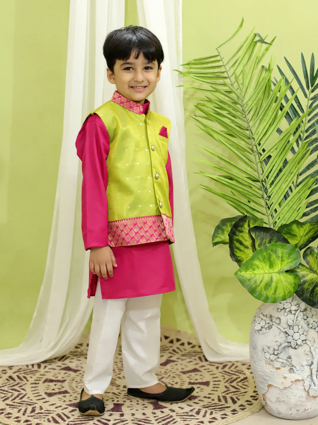 Ethnic Festive Wear Silk Jacket with Cotton Kurta Pajama for Boys- Green