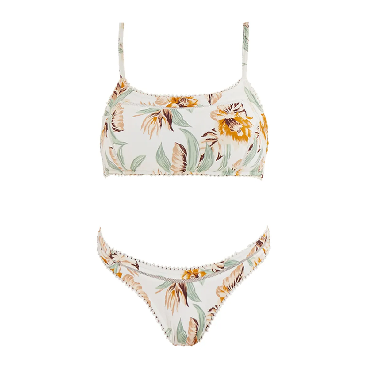 Floral Low Neck Two-piece with Low Waist Bikini Bottoms