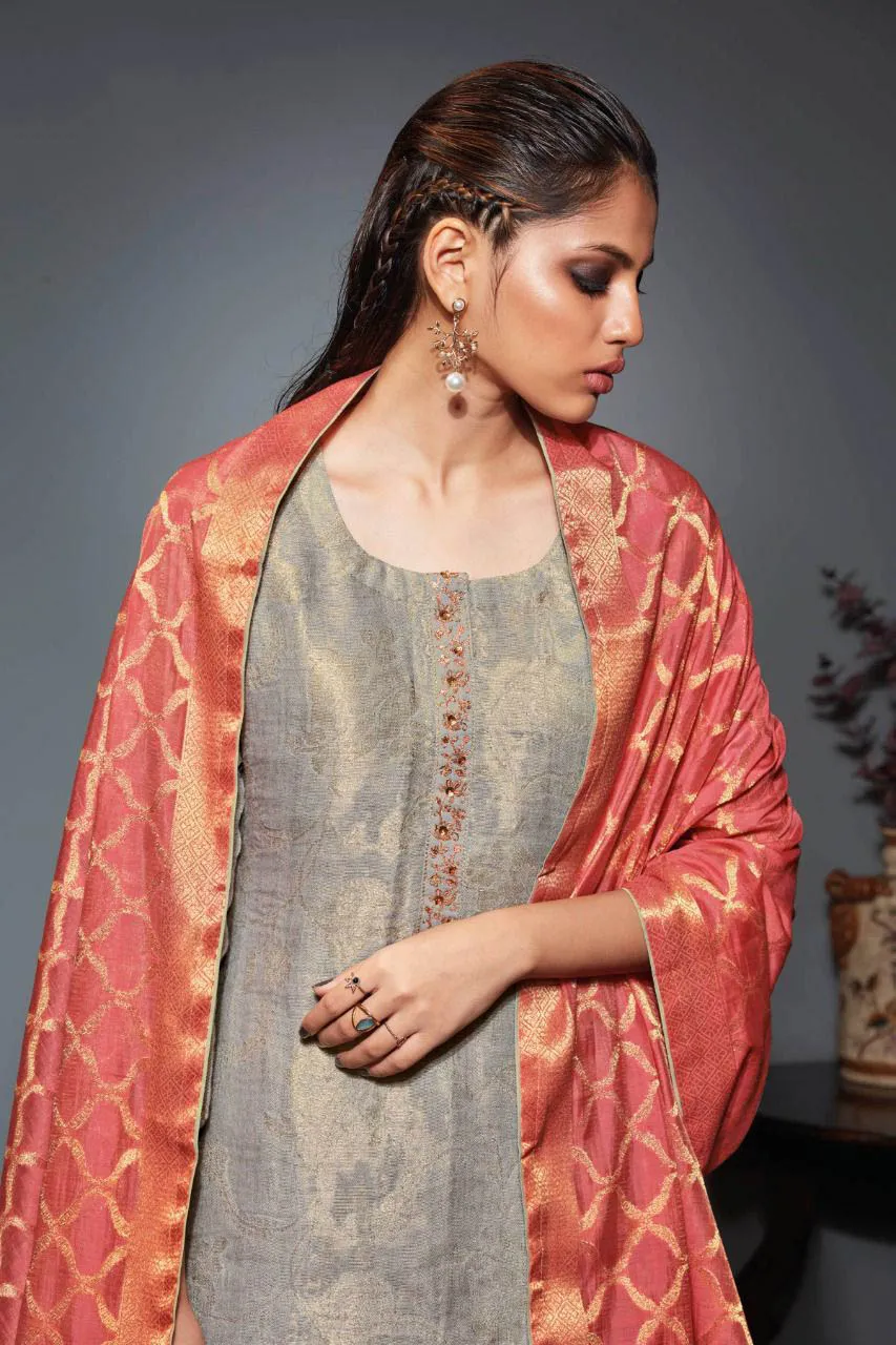 Ganga Cotton Linen Jacquard Grey Unstitched Suits