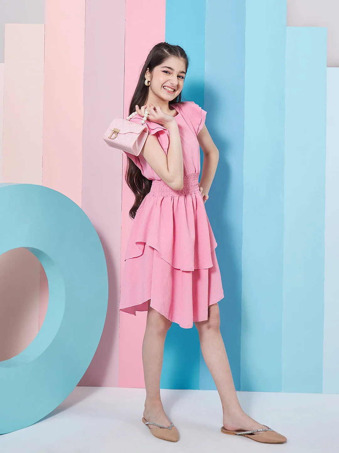 Girls Flutter Sleeve Layered Crepe Fit Flare Dress