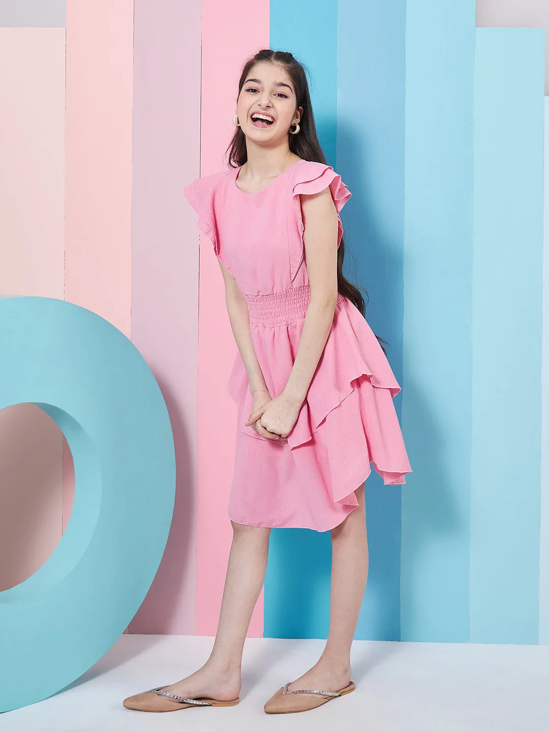 Girls Flutter Sleeve Layered Crepe Fit Flare Dress