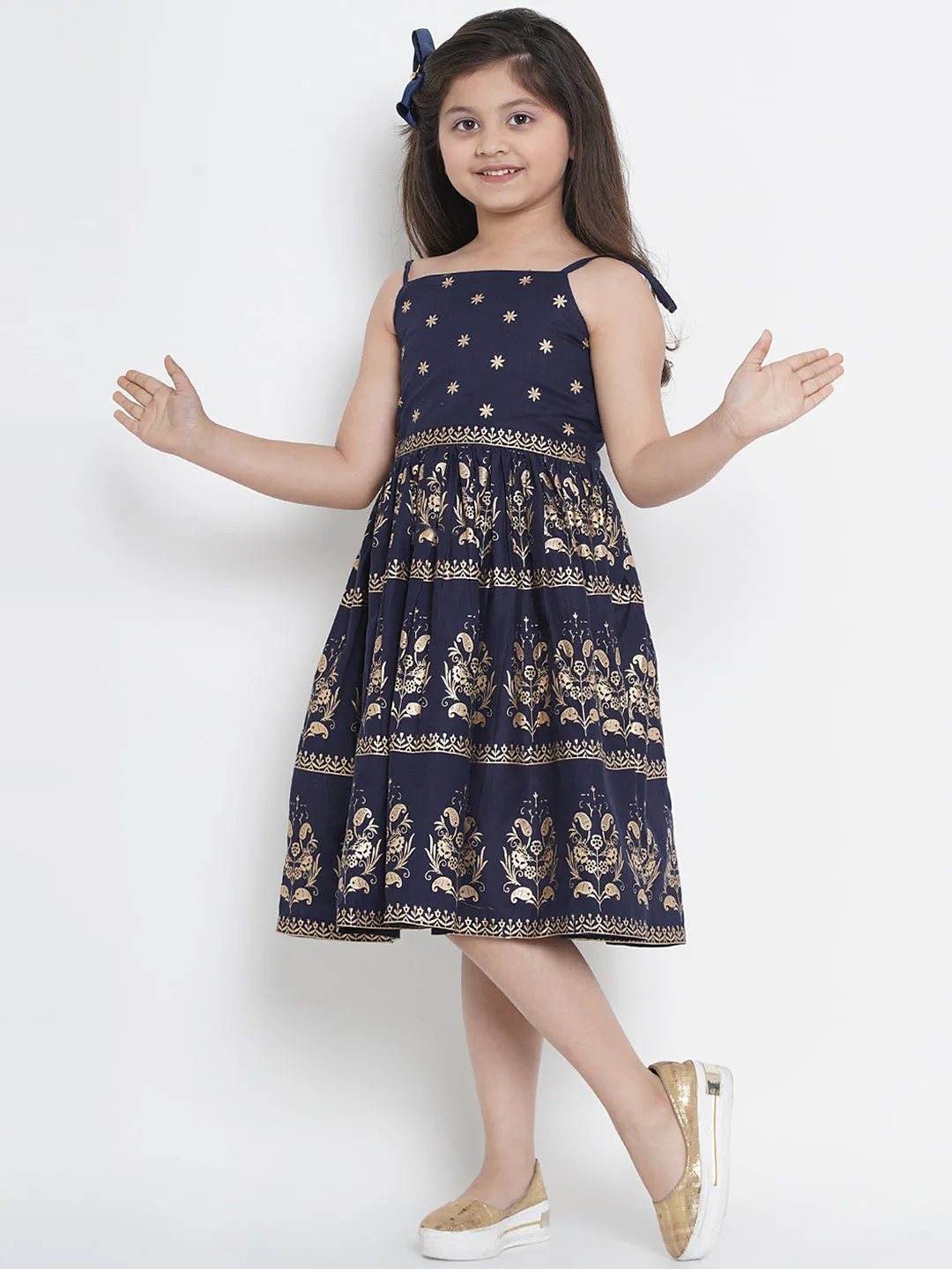 Girls Navy Blue Foil Print Fit & Flare Dress