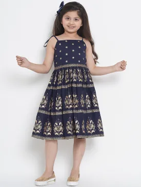 Girls Navy Blue Foil Print Fit & Flare Dress