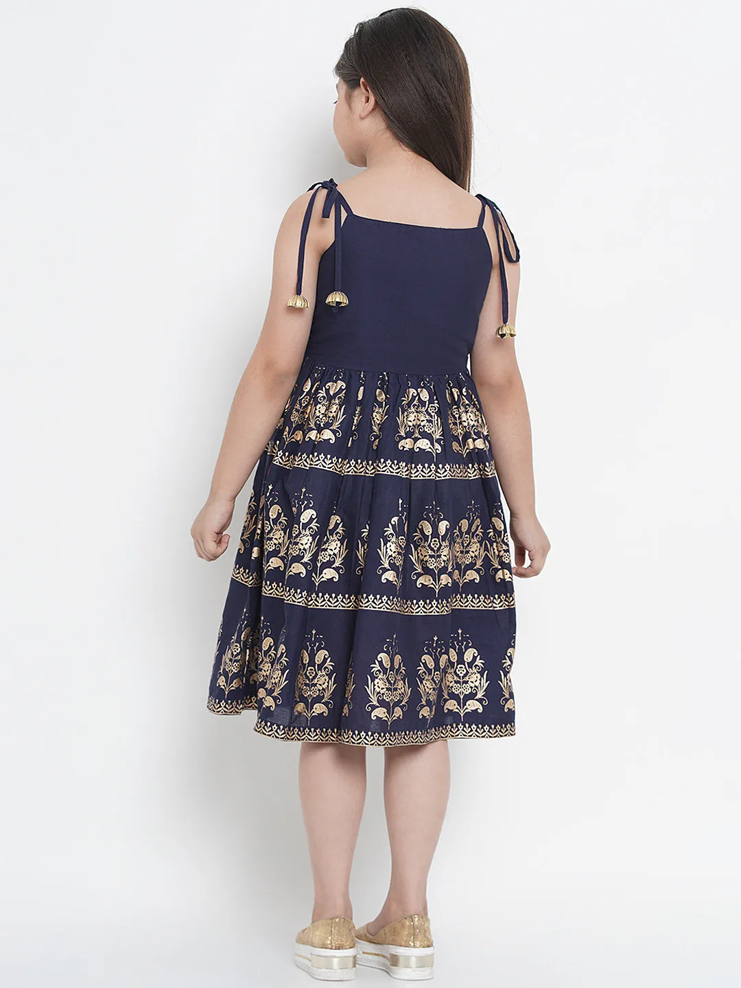 Girls Navy Blue Foil Print Fit & Flare Dress