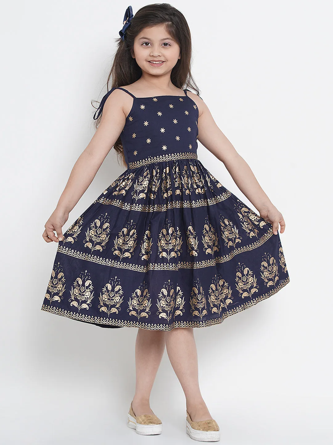 Girls Navy Blue Foil Print Fit & Flare Dress