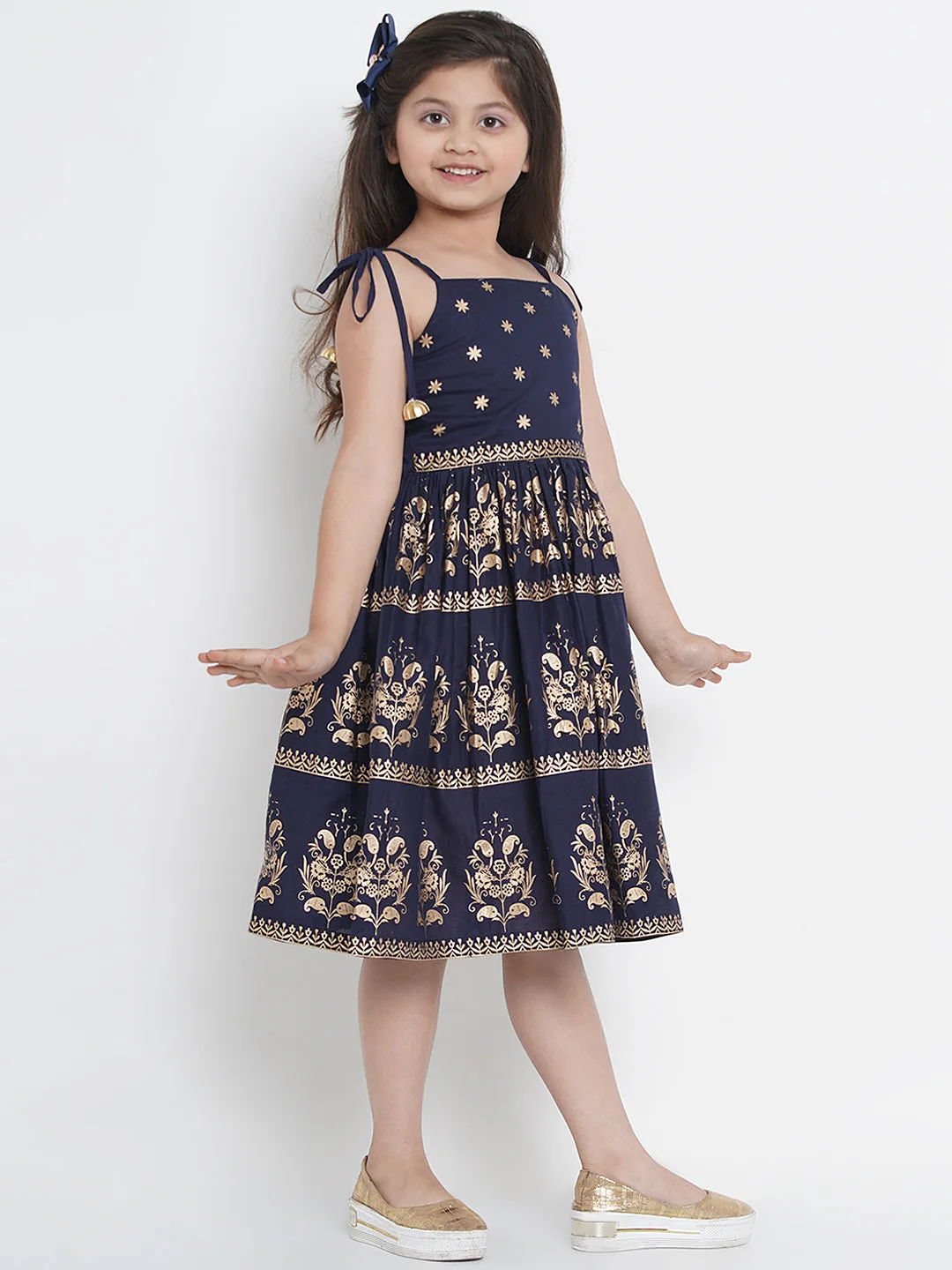 Girls Navy Blue Foil Print Fit & Flare Dress