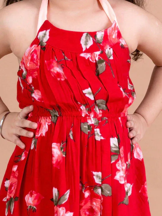 Girls Red Floral Halter Neck Dress