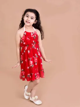 Girls Red Floral Halter Neck Dress