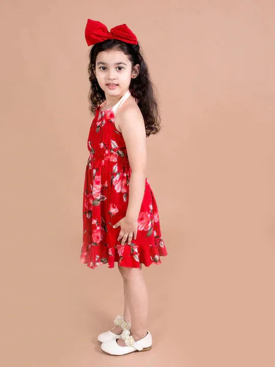 Girls Red Floral Halter Neck Dress