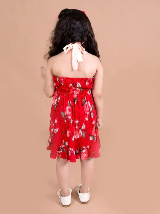 Girls Red Floral Halter Neck Dress