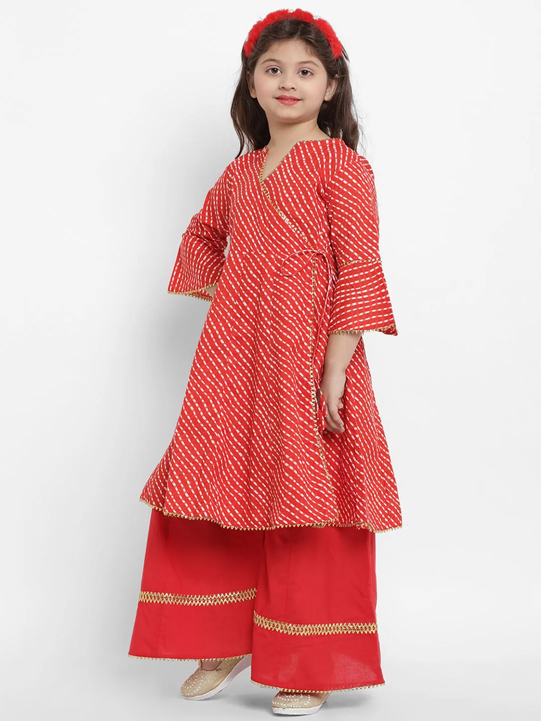 Girls Red Leheriya Printed Angrakha Kurta With Solid Palazzos