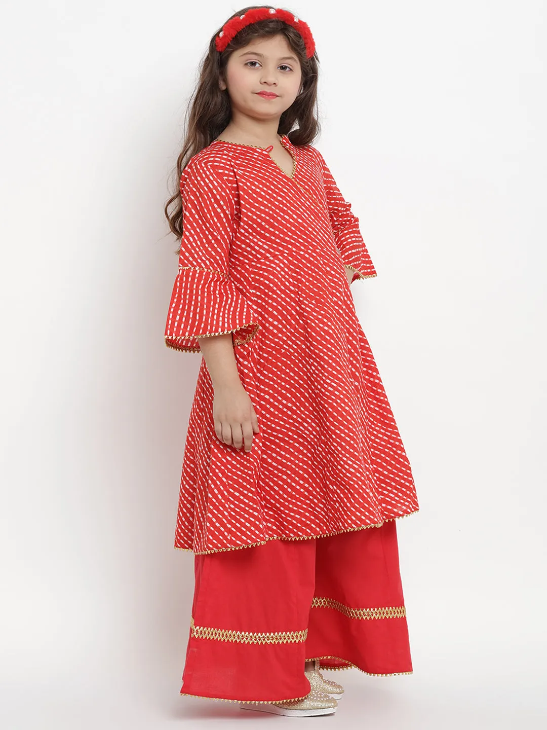 Girls Red Leheriya Printed Angrakha Kurta With Solid Palazzos