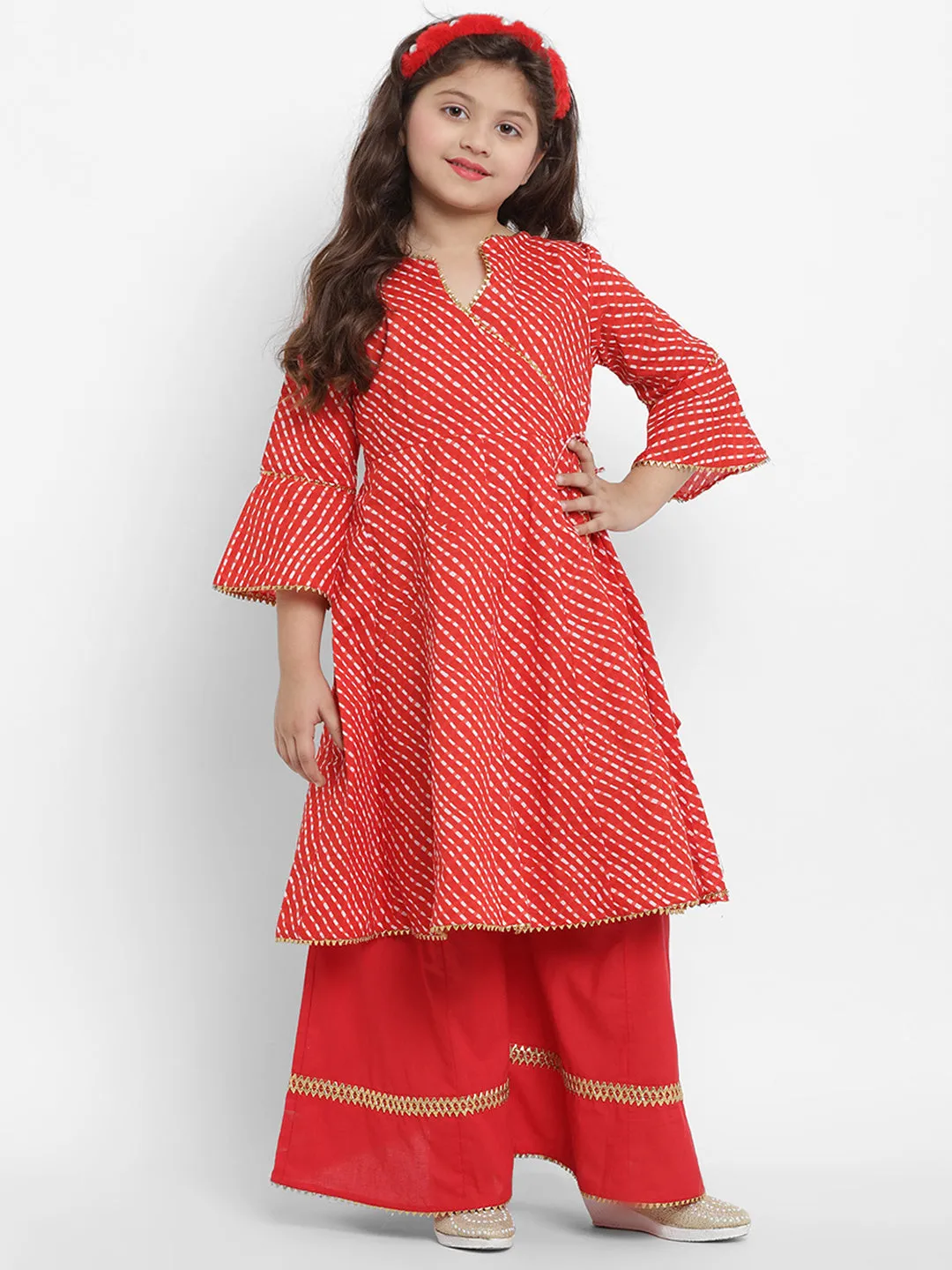 Girls Red Leheriya Printed Angrakha Kurta With Solid Palazzos