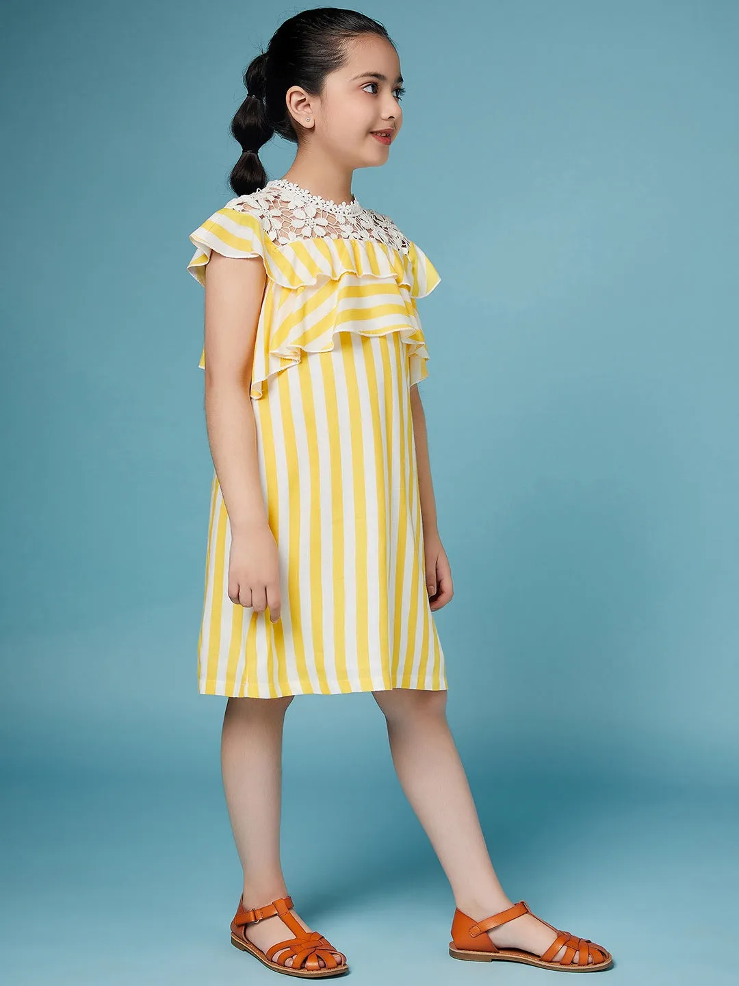 Girls Striped Ruffled Cotton A-Line Dress