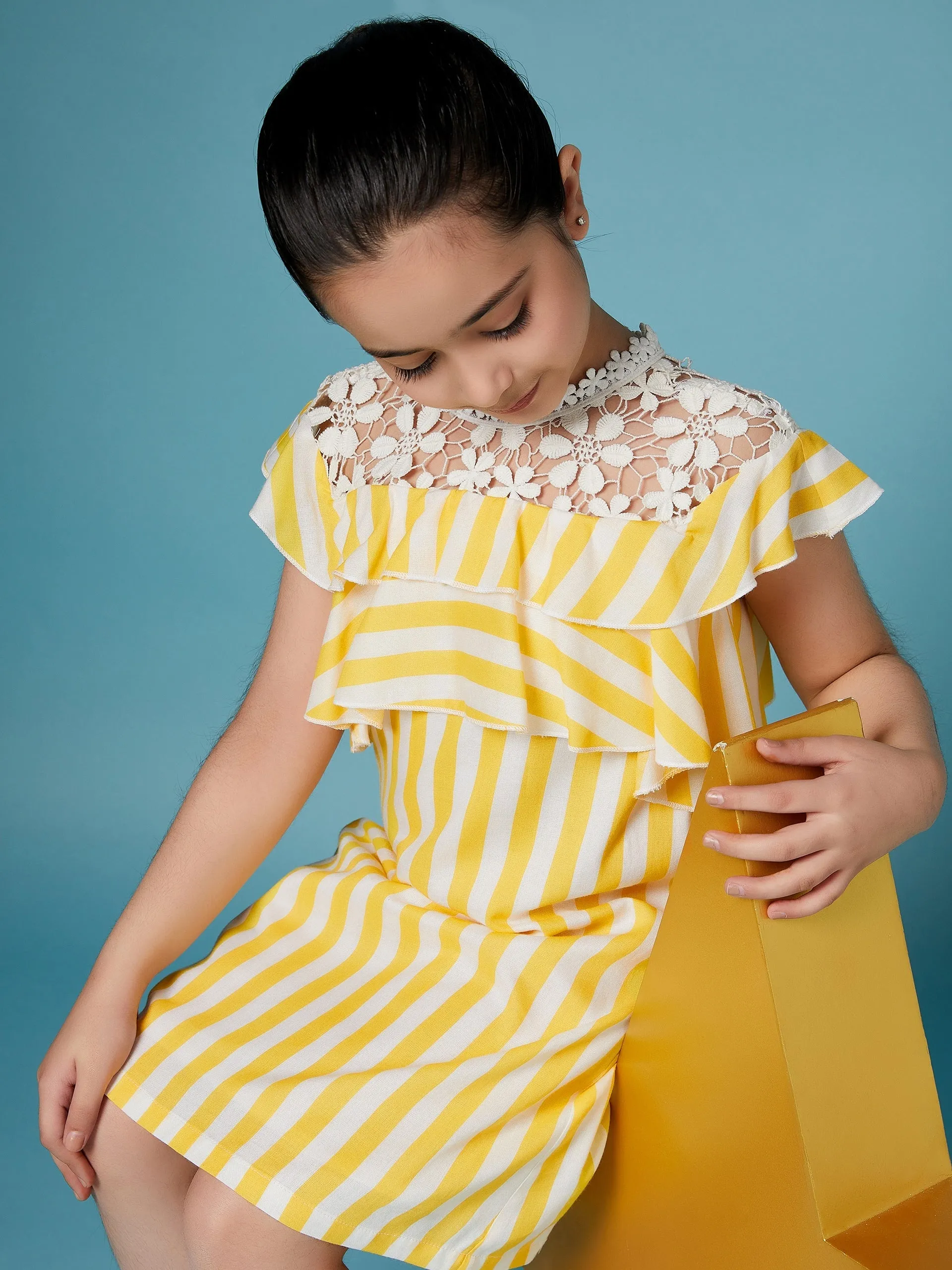 Girls Striped Ruffled Cotton A-Line Dress