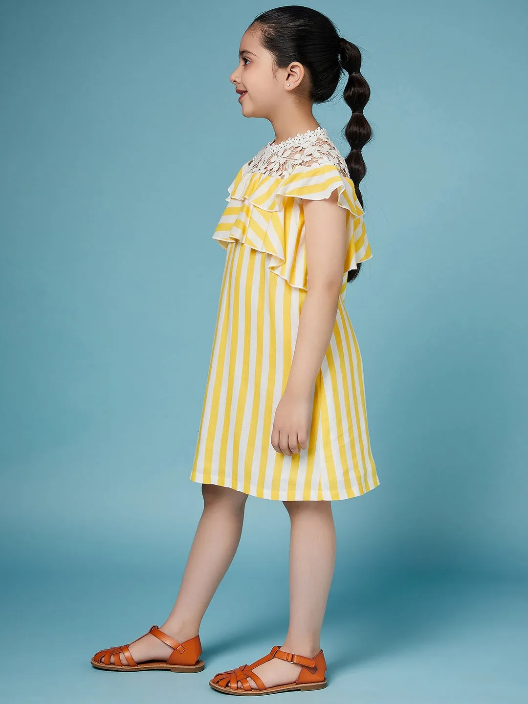 Girls Striped Ruffled Cotton A-Line Dress