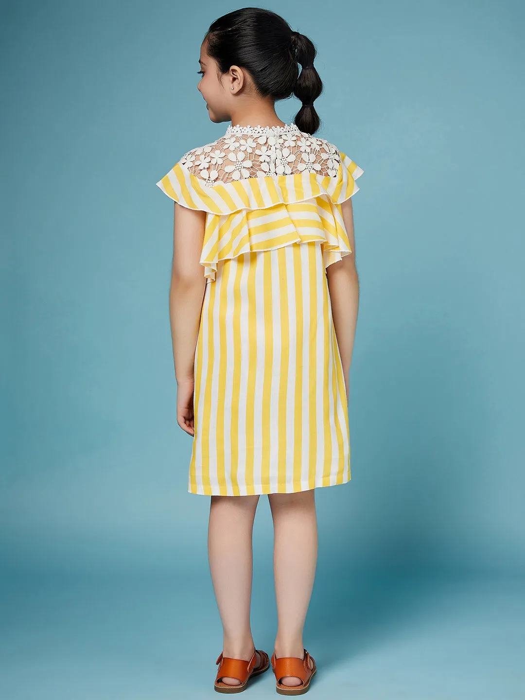 Girls Striped Ruffled Cotton A-Line Dress