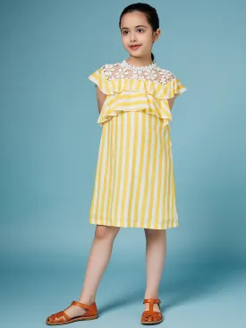 Girls Striped Ruffled Cotton A-Line Dress