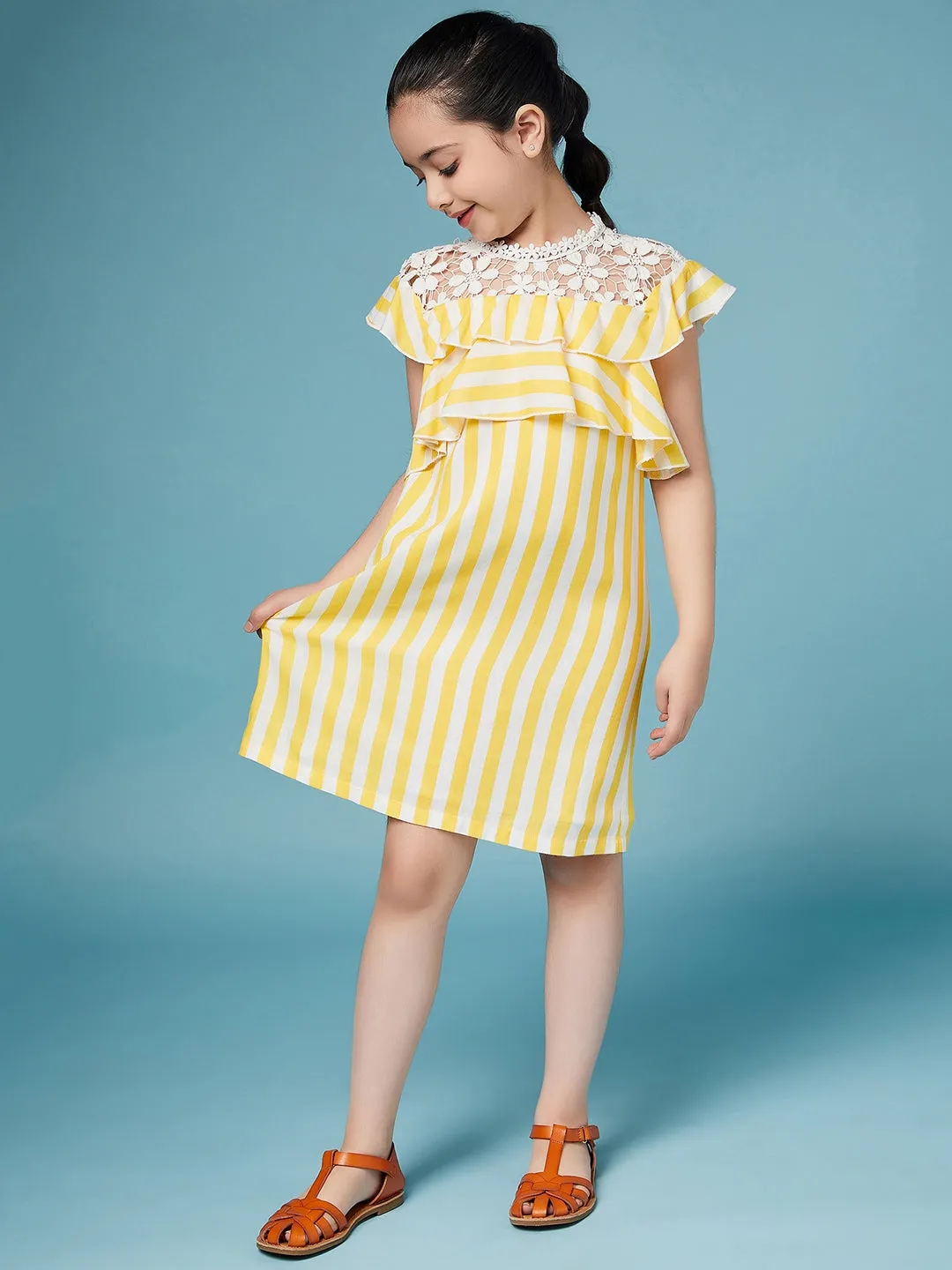 Girls Striped Ruffled Cotton A-Line Dress