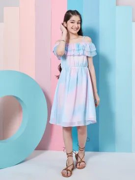 Girls Tie Dye Off-Shoulder Georgette Fit Flare Dress