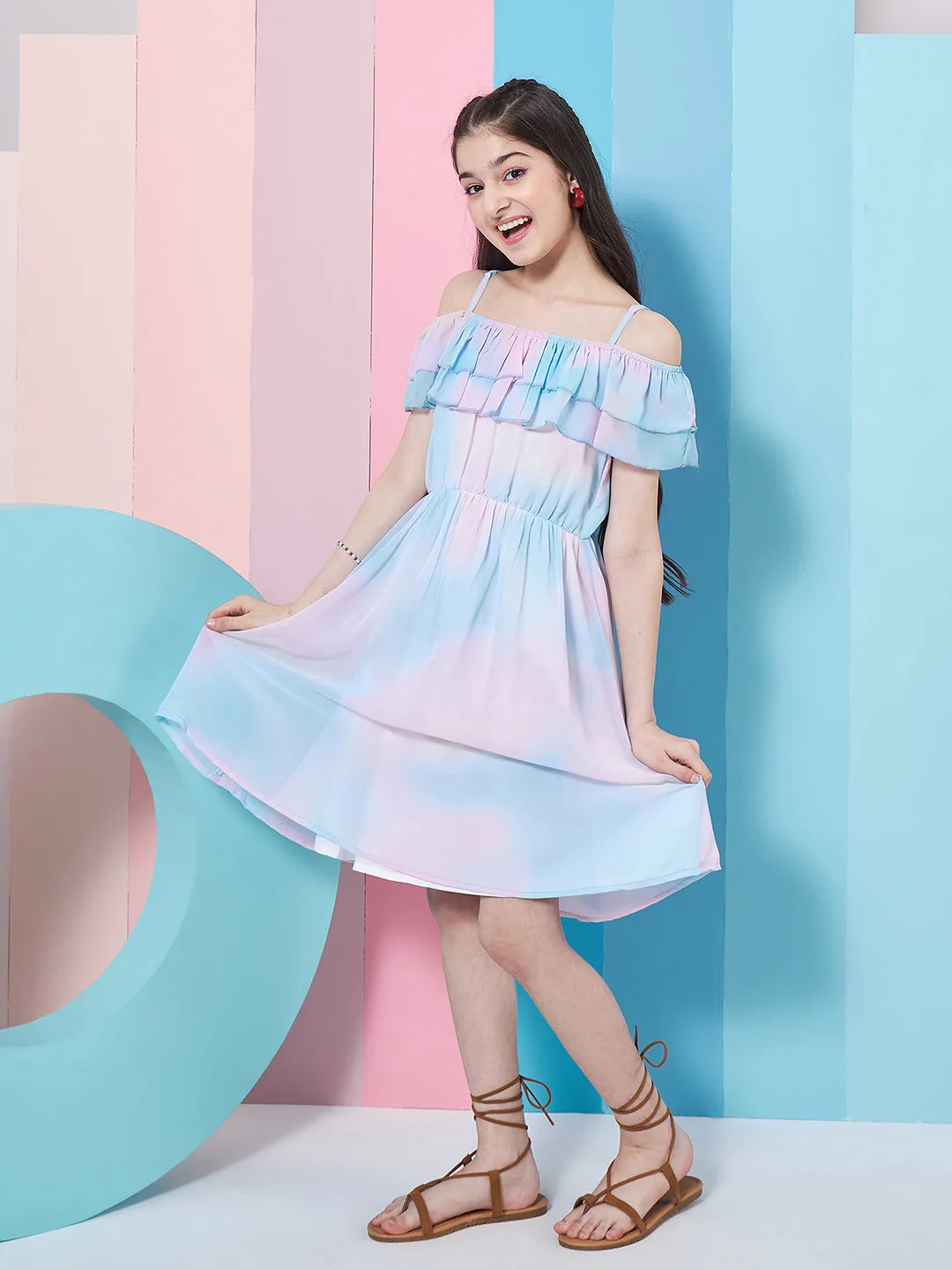 Girls Tie Dye Off-Shoulder Georgette Fit Flare Dress