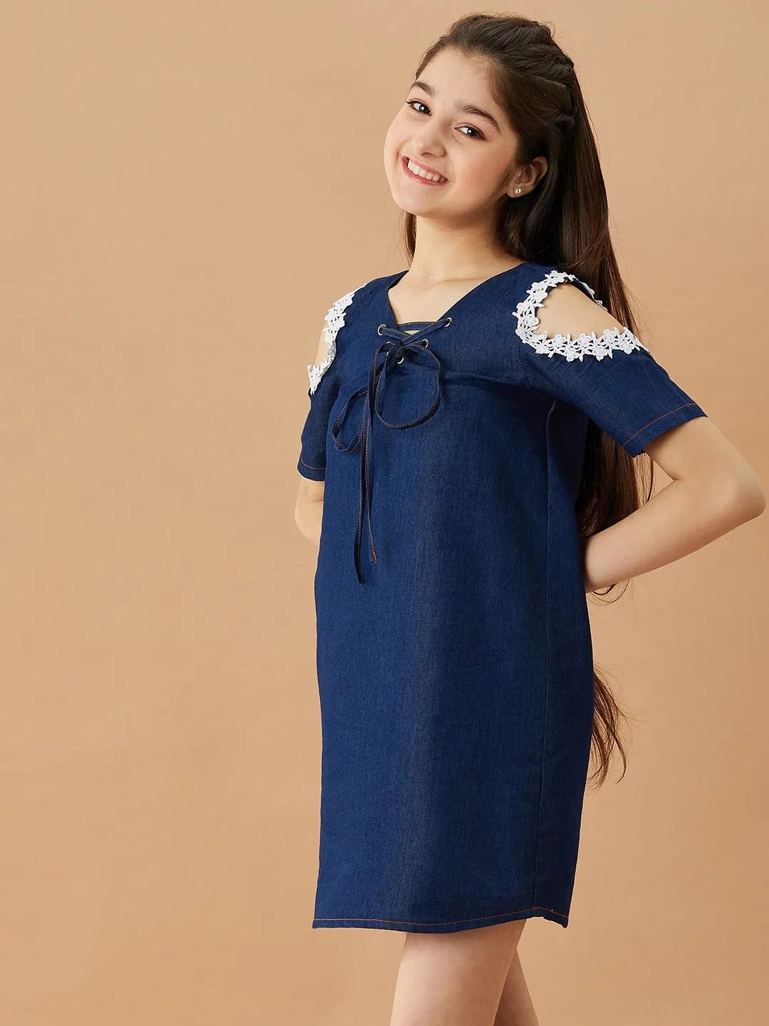 Girls Tie-Up Neck Cold-Shoulder Sleeves Denim A-Line Dress