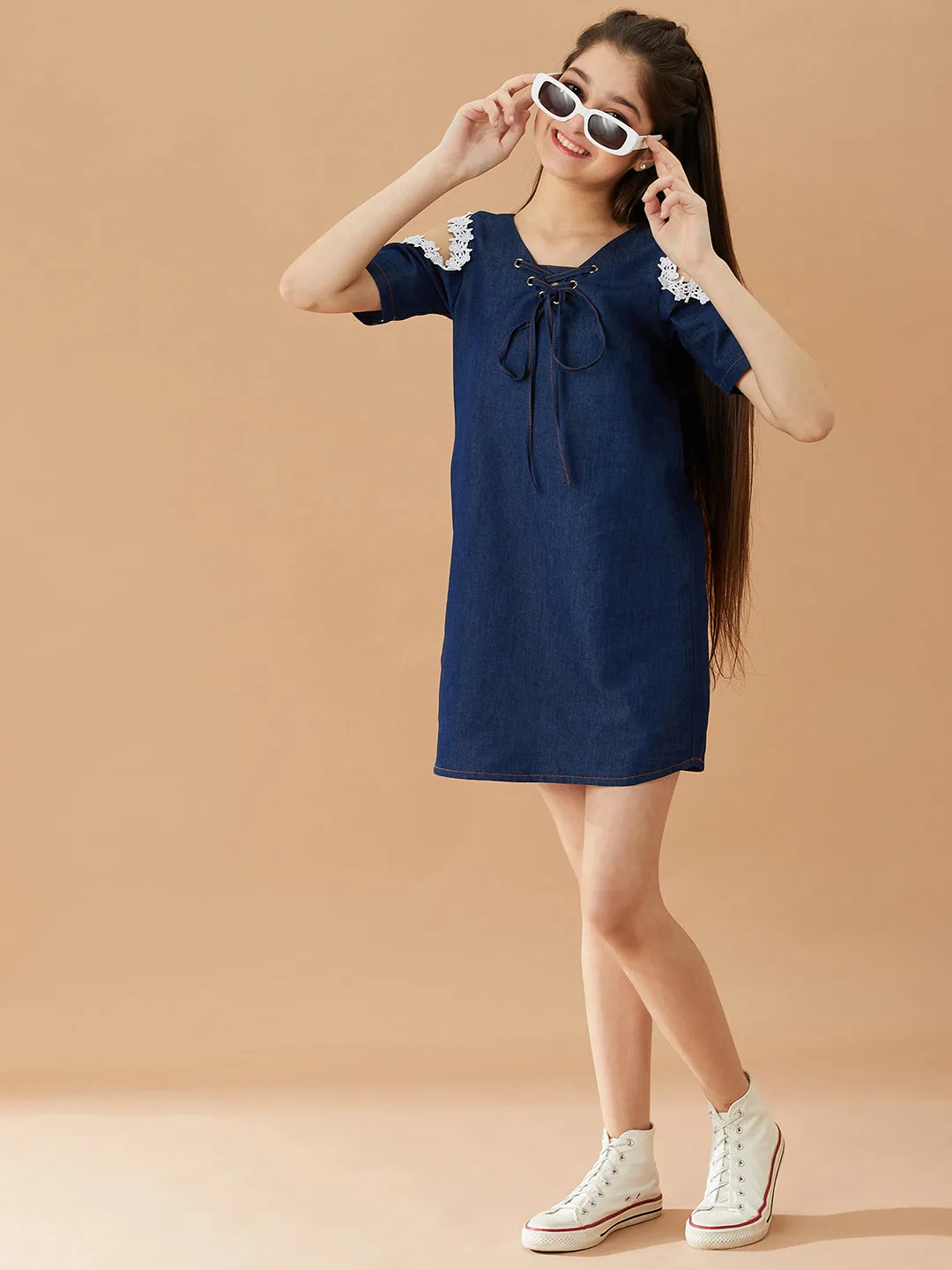 Girls Tie-Up Neck Cold-Shoulder Sleeves Denim A-Line Dress