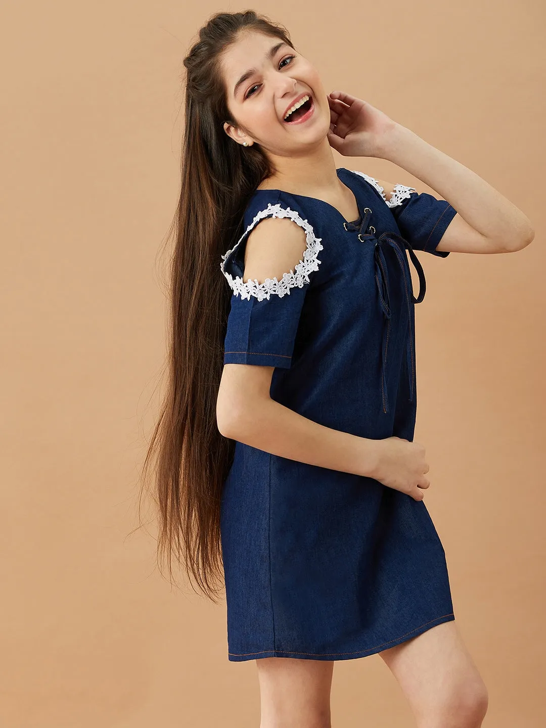 Girls Tie-Up Neck Cold-Shoulder Sleeves Denim A-Line Dress