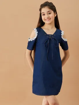 Girls Tie-Up Neck Cold-Shoulder Sleeves Denim A-Line Dress