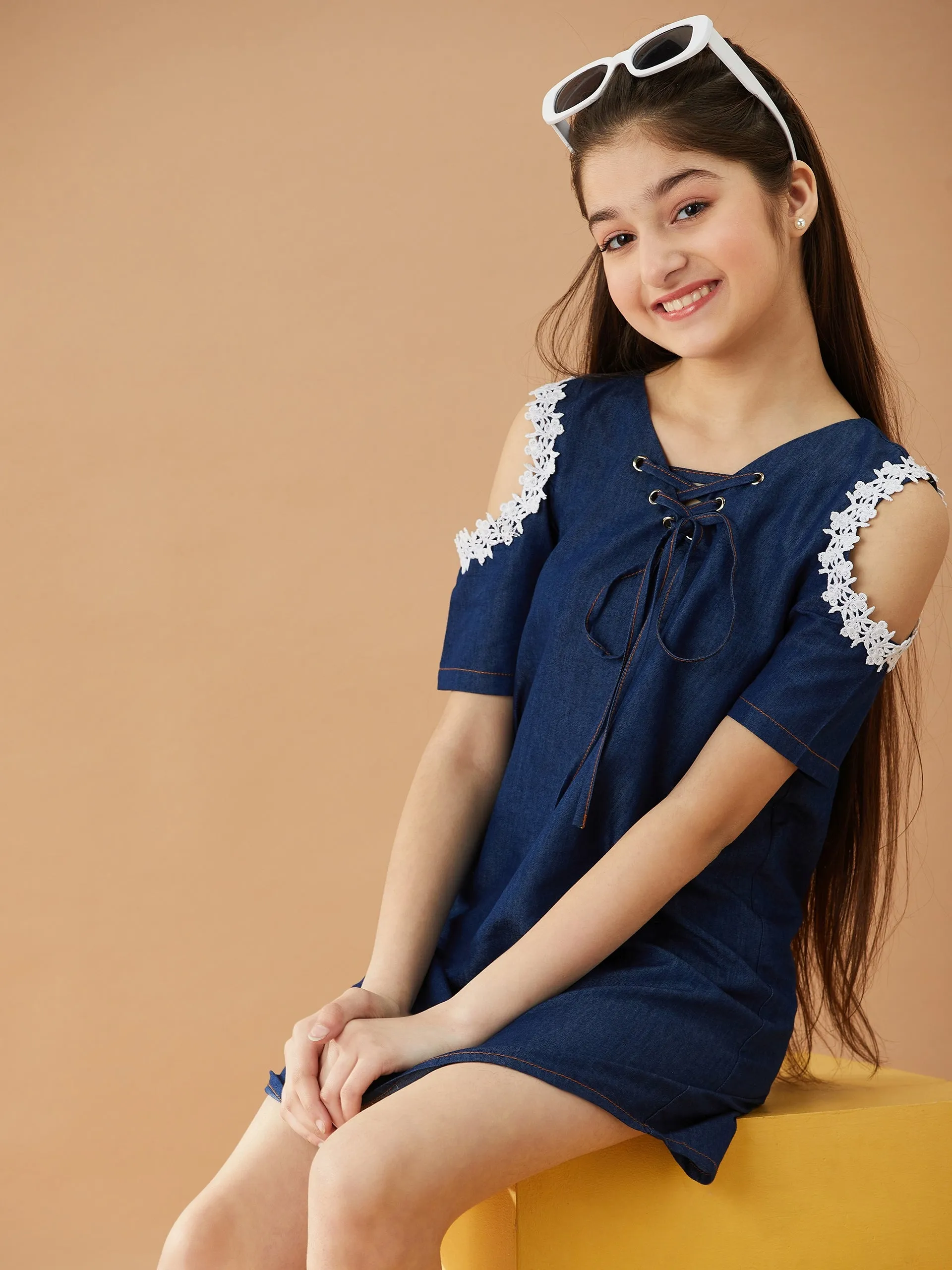 Girls Tie-Up Neck Cold-Shoulder Sleeves Denim A-Line Dress