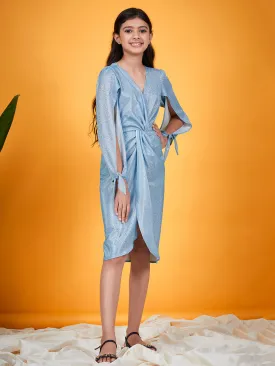 Girls V-Neck Slit Sleeves Embellished Casual Wrap Dress