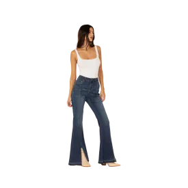 Grace In La Women's High Rise Split Bottom Flare Denim Jeans