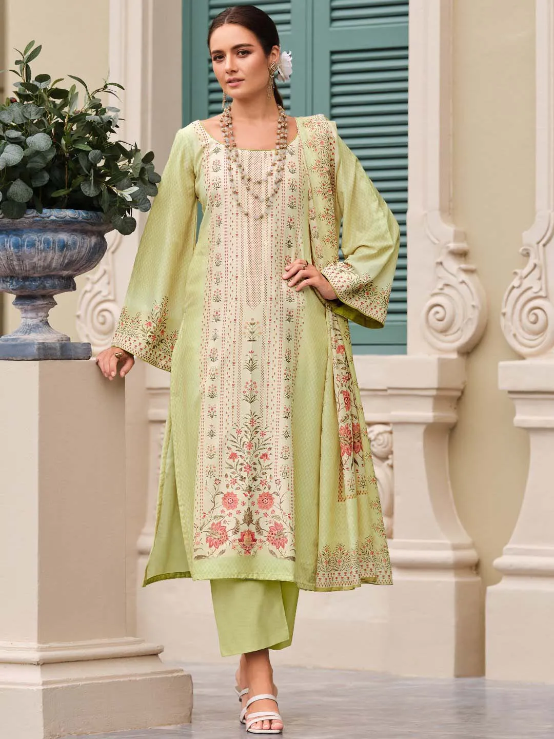 Green Printed Unstitched Women Cotton Salwar Suit Fabric