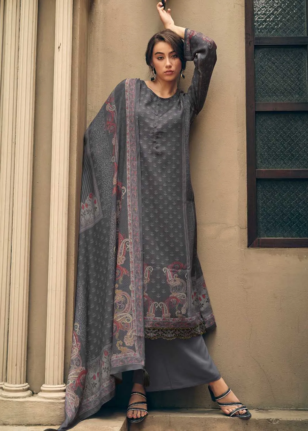 Grey Unstitched Pashmina Winter Suit Dress Material for Women