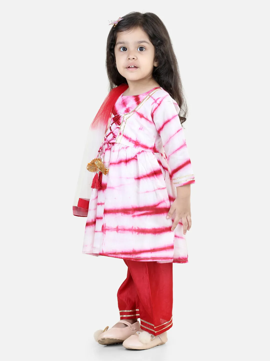 Hand Dyed Chanderi Silk Kurti Pant with Dupatta for Girls- Red