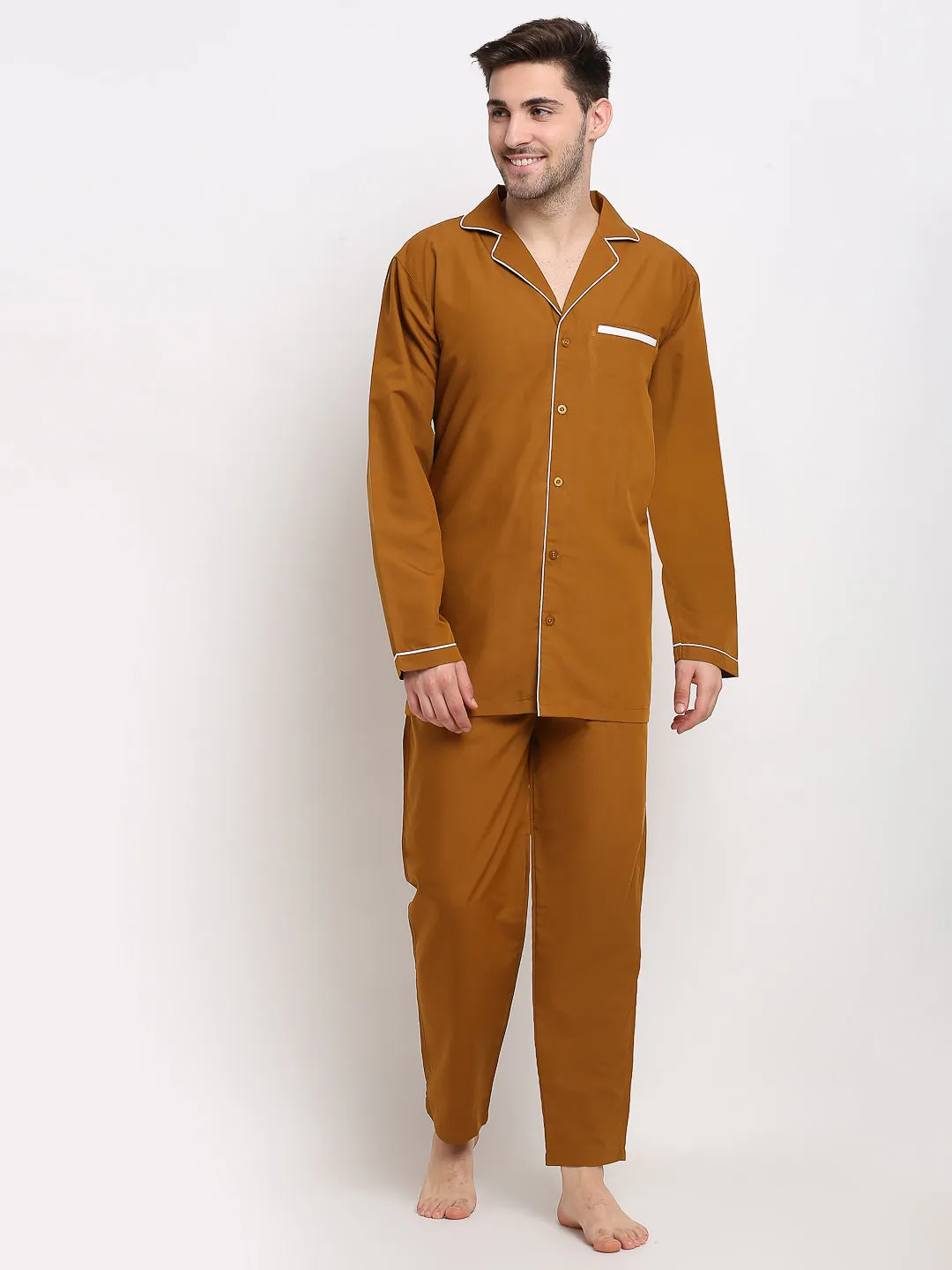 Jashvi Men's Mustard Cotton Solid Night Suits