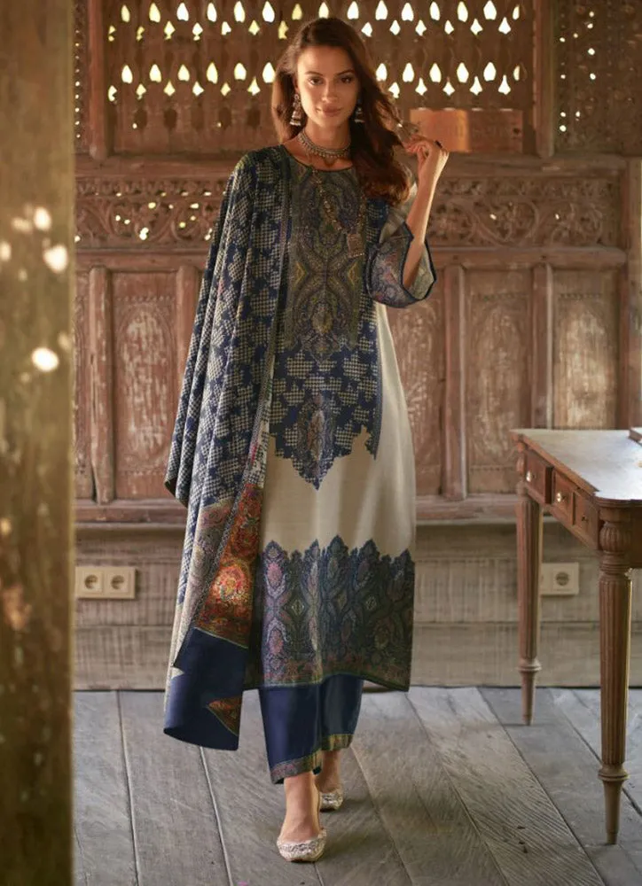 Kesar Pure Pashmina Unstitched Blue Printed Winter Suit for Ladies