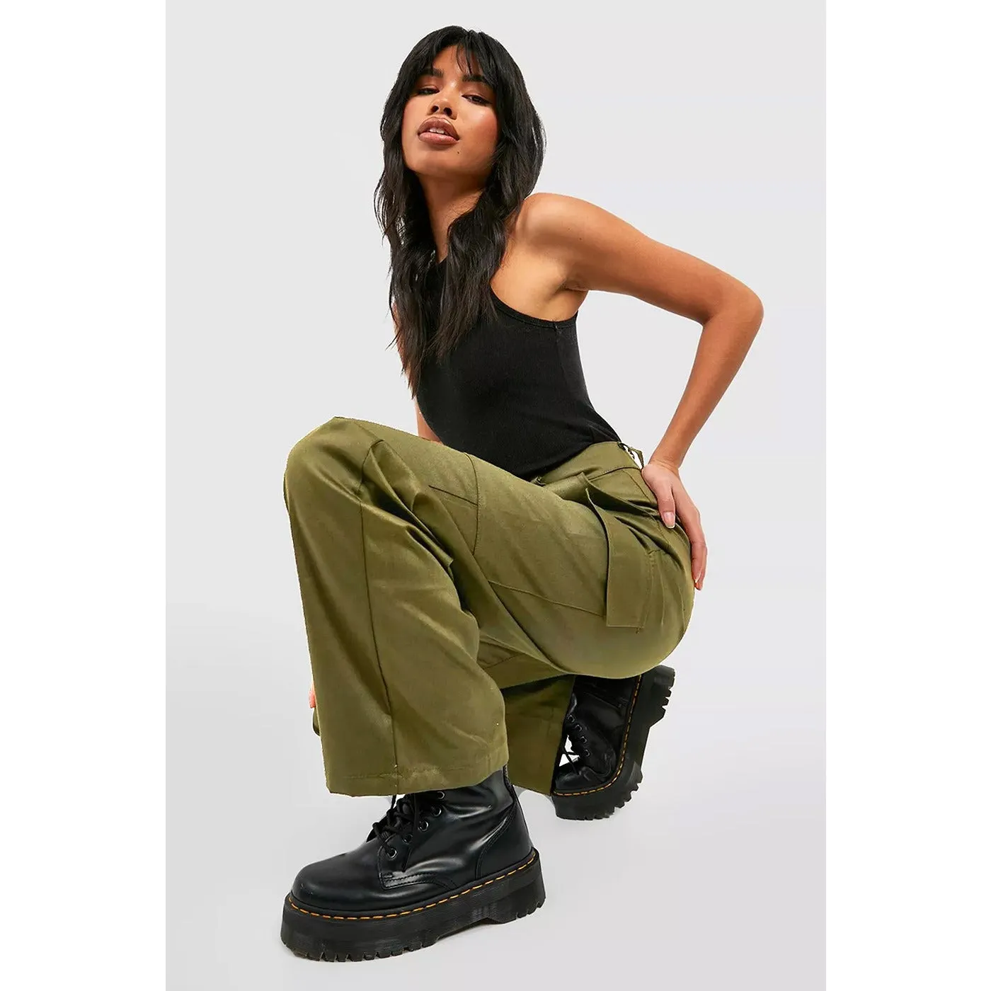 Khaki High Waisted Cargo Trousers